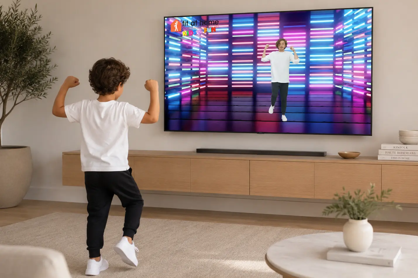 Kind kijkt geconcentreerd naar de Kids & Fun trainer op televisie tijdens een thuisworkout.