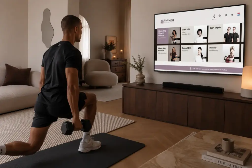 Man doet krachttraining thuis en sport online via Fit at Home op de televisie