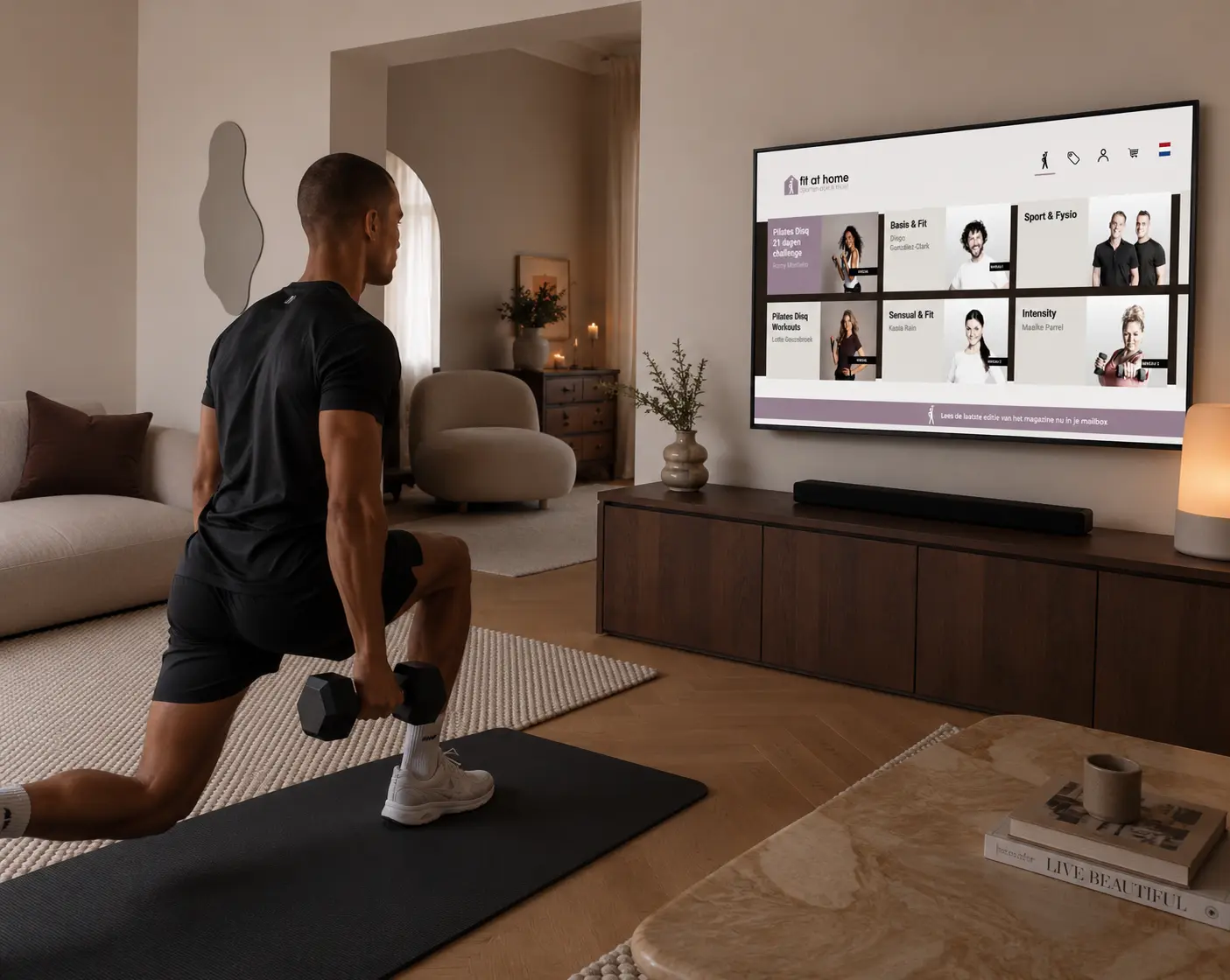 Man doet krachttraining thuis en sport online via Fit at Home op de televisie