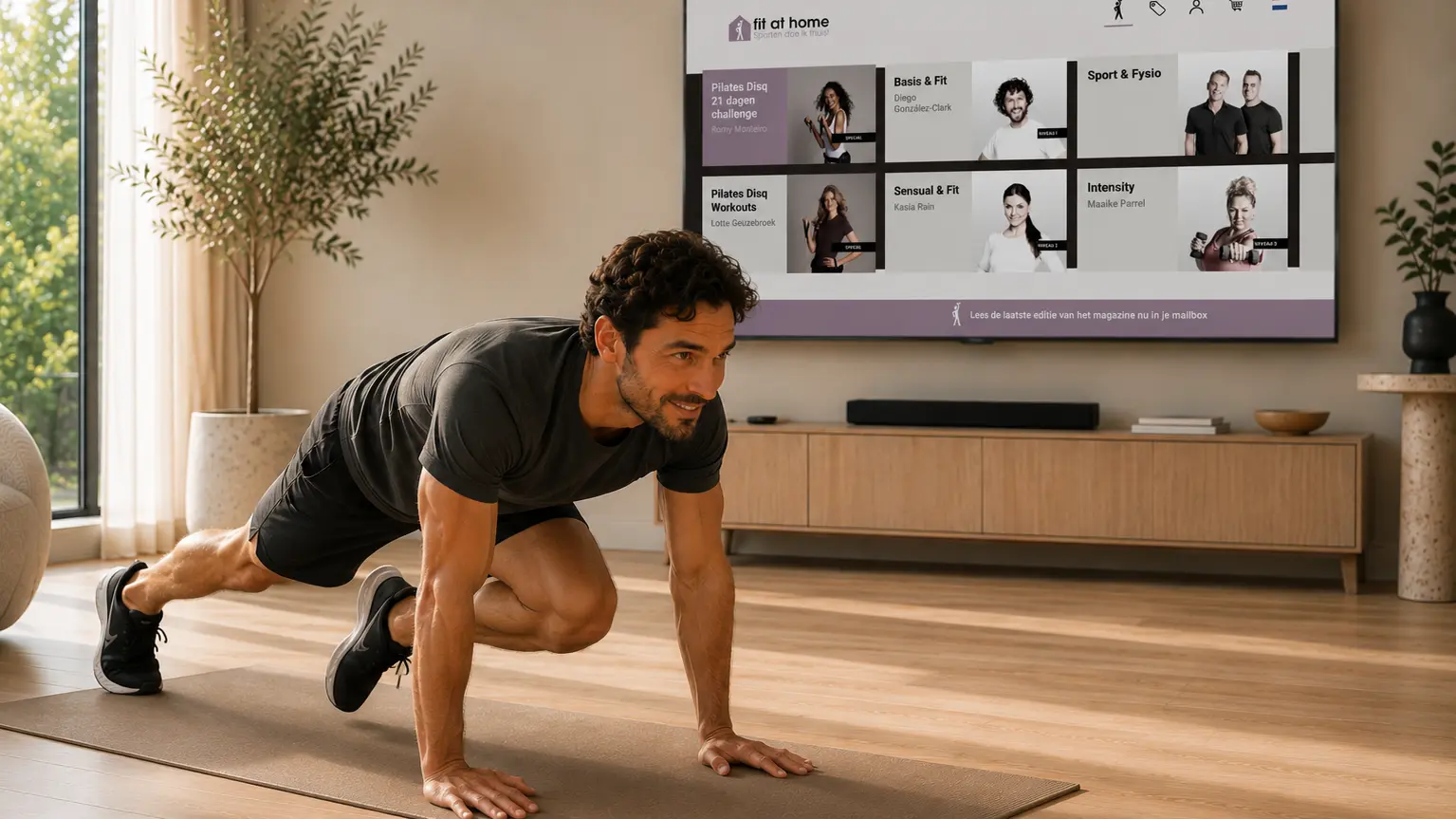 Man doet mountain climbers tijdens een eenvoudige cardio workout thuis met Fit at Home.