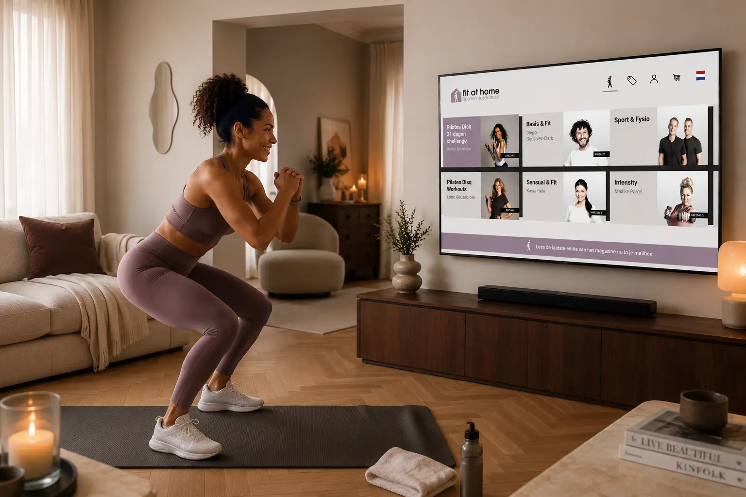 Vrouw sport thuis met Fit at Home en volgt een online workout op de tv