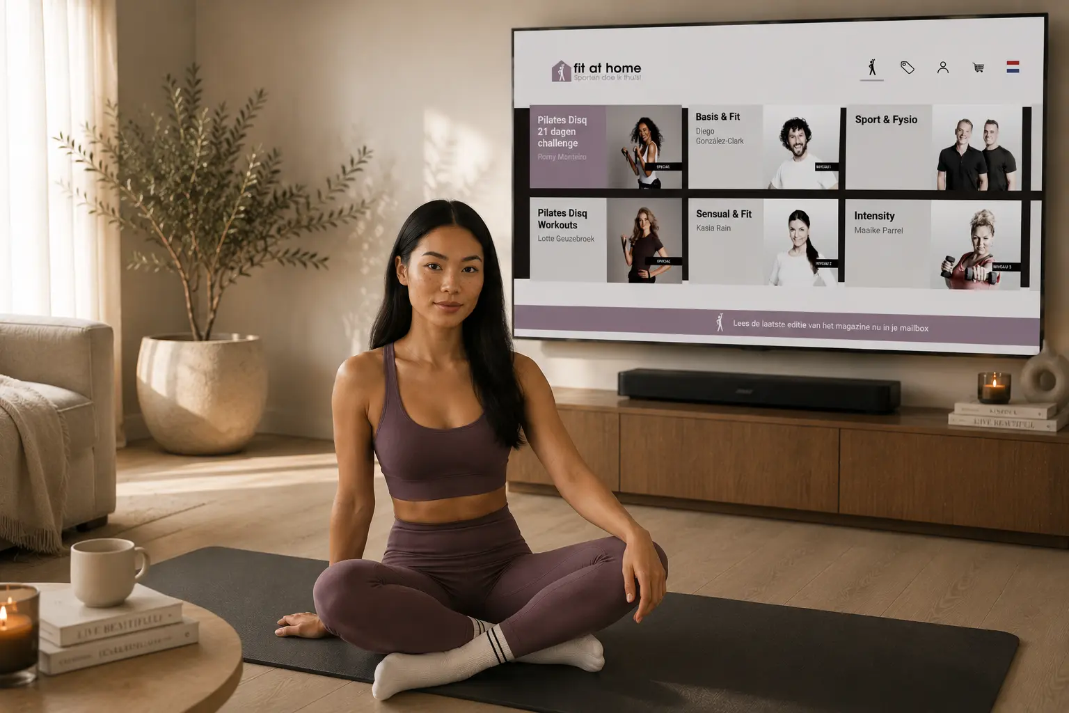 Vrouw zit ontspannen op een fitnessmat en klaar voor een Pilates sessie thuis met Fit at Home
