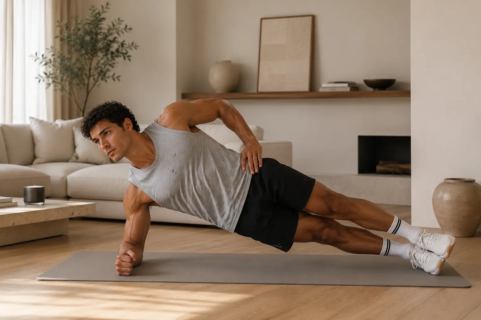 Man doet een side plank in een moderne woonkamer om de schuine buikspieren te versterken.