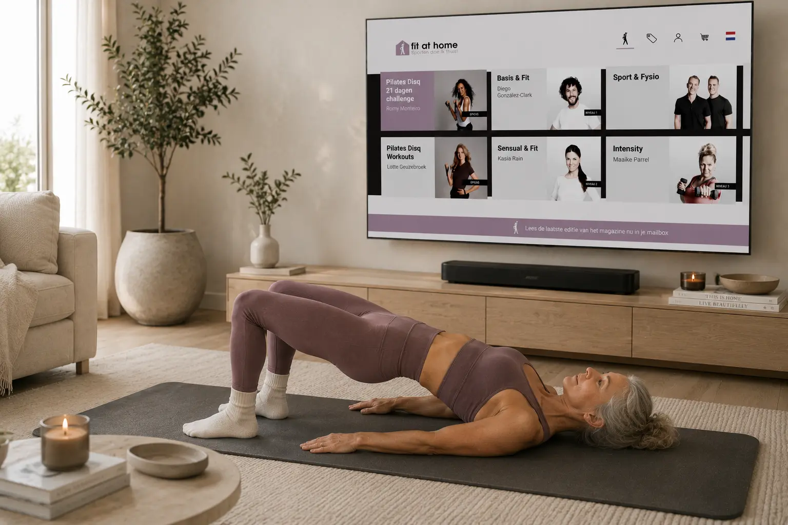 Senior vrouw voert de Pilates Shoulder Bridge oefening uit om de bilspieren, rug en core te versterken