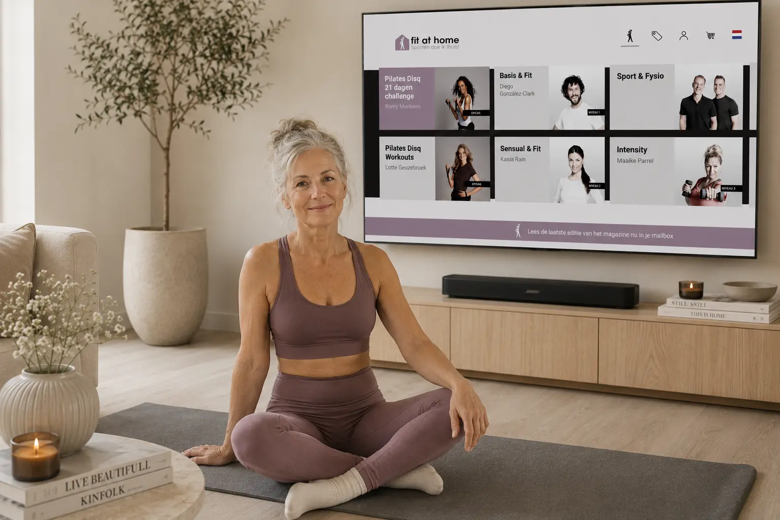Senior vrouw doet Pilates thuis in een rustige woonkamer en blijft fit, soepel en sterk