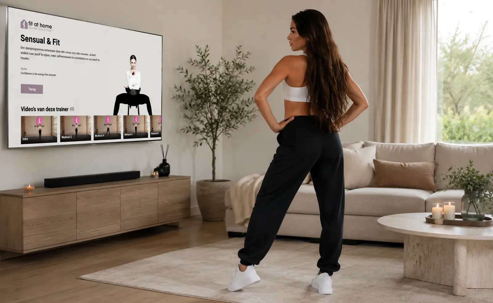 Vrouw klaar voor een Sensual & Fit workout in een moderne woonkamer terwijl de workout op de tv wordt weergegeven.