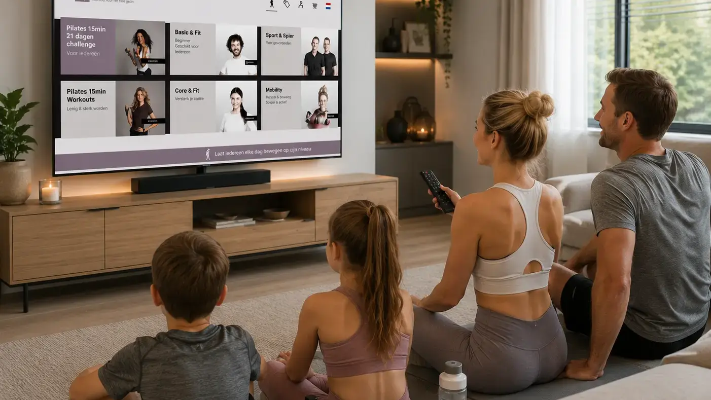 Gezin in sportkleding volgt samen een thuisworkout via de Fit at Home app op de tv in de woonkamer.