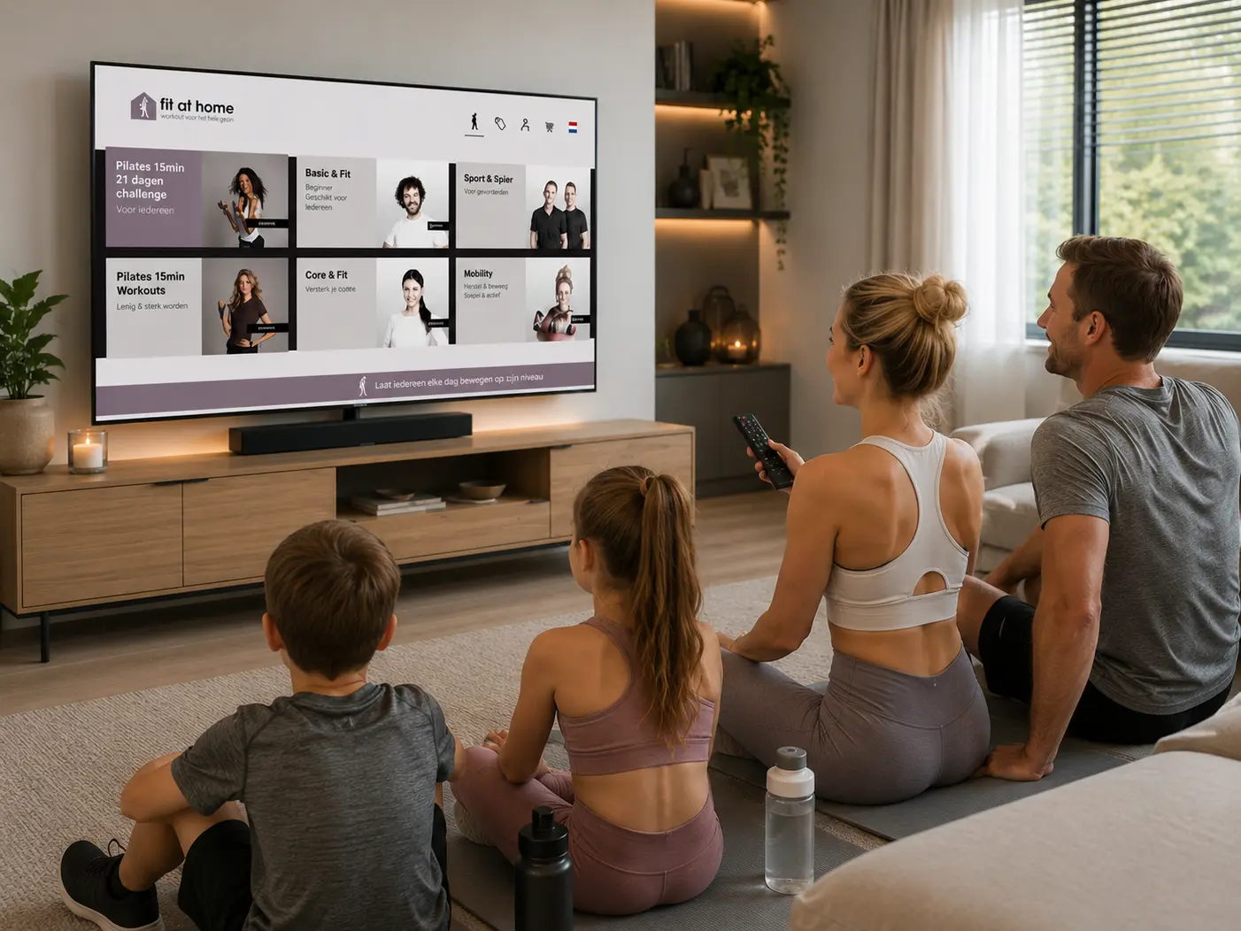 Gezin in sportkleding volgt samen een thuisworkout via de Fit at Home app op de tv in de woonkamer.