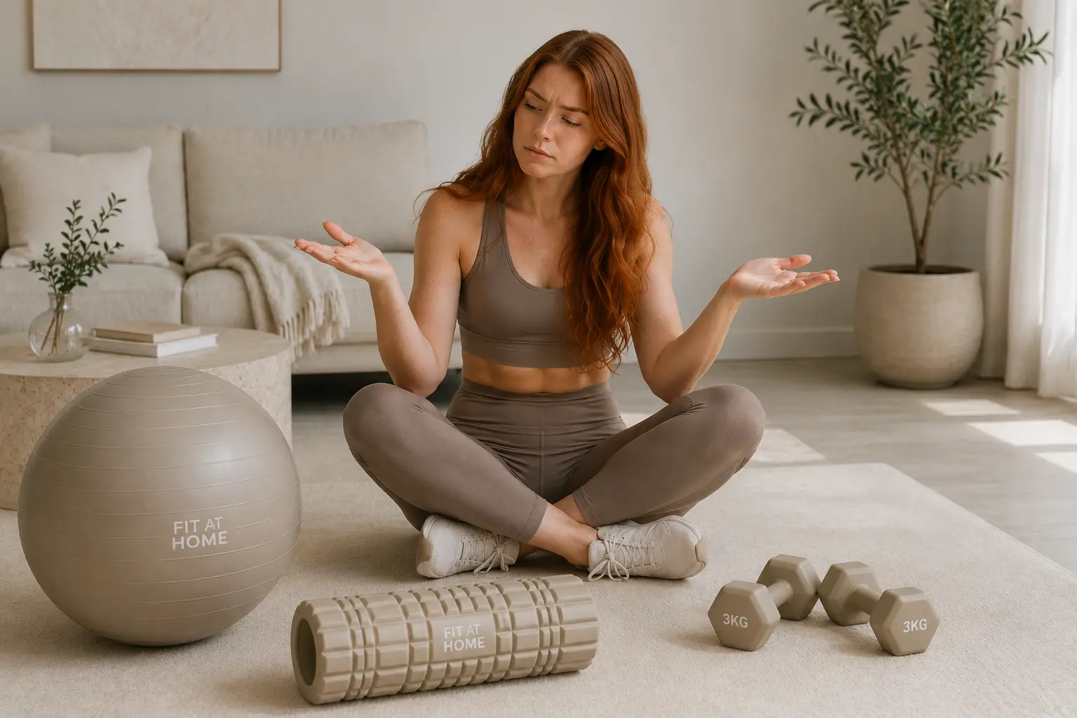 Sportspullen voor thuis sporten in een moderne woonkamer met yogamat, dumbbells en weerstandsbanden