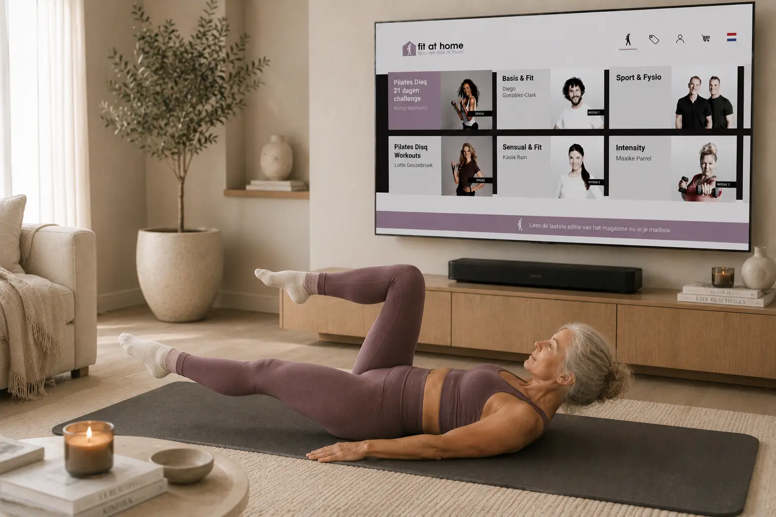 Senior vrouw doet de Pilates Toe Taps oefening voor een sterke core en betere stabiliteit