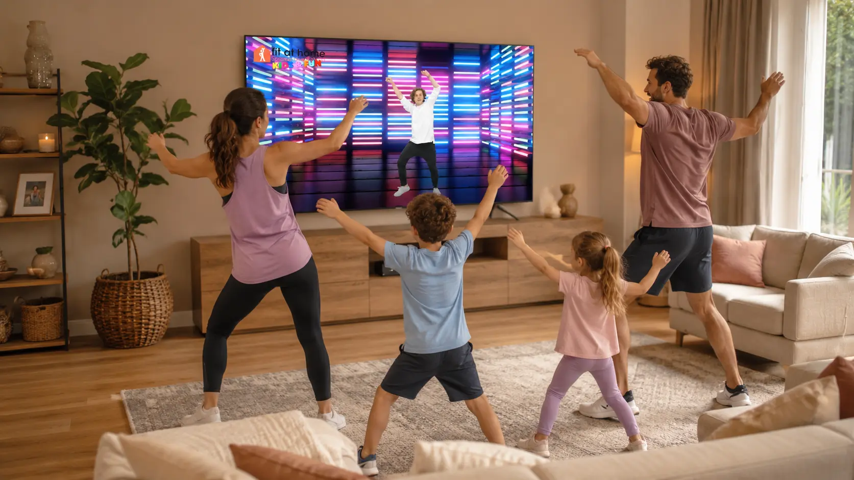 gezin sport samen voor de tv de kinderworkouts van fit at home.