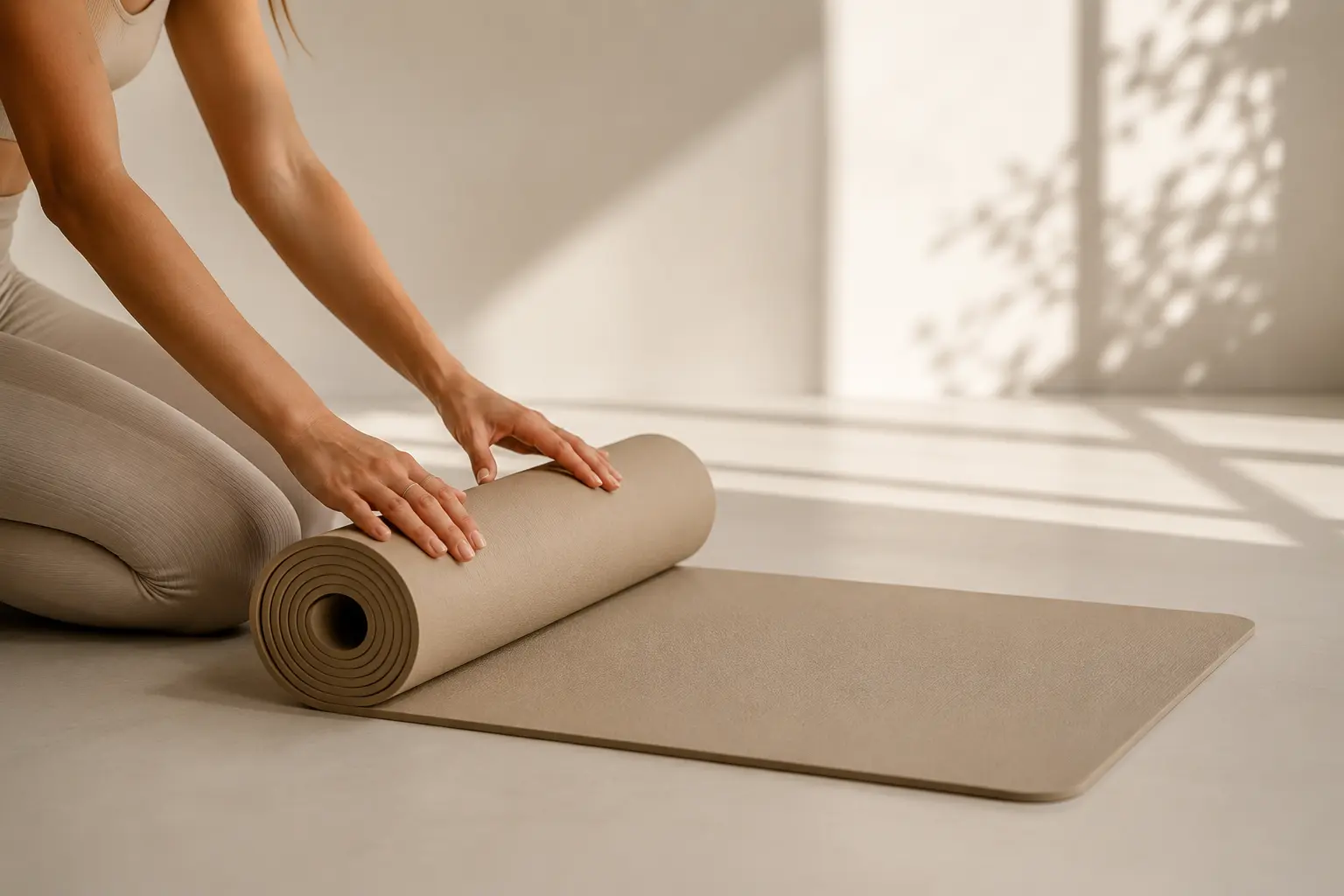 Opgerolde yogamat als basis voor yoga thuis in een rustige omgeving, ideaal voor ontspanning, flexibiliteit en balans.